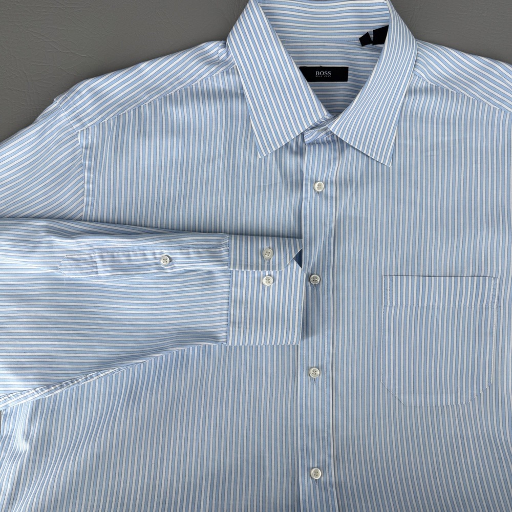 Hugo Boss Mens 17.5 34/35 Blue White Striped Cotton Dress Shirt Long Sleeve